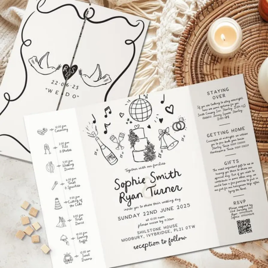 Rustic hand-drawn wedding invite with doodle elements